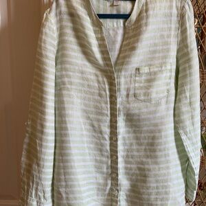 100% Linen mint green stripe shirttail blouse with jewelry perfect neckline L